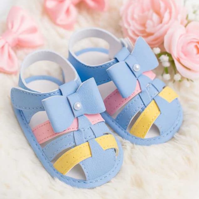 Sandália Infantil Menina Com Laço Sandália Bebê Delicada Cor Do Verão Azul Bebê, Amarelo Manteiga, Rosa Bebê