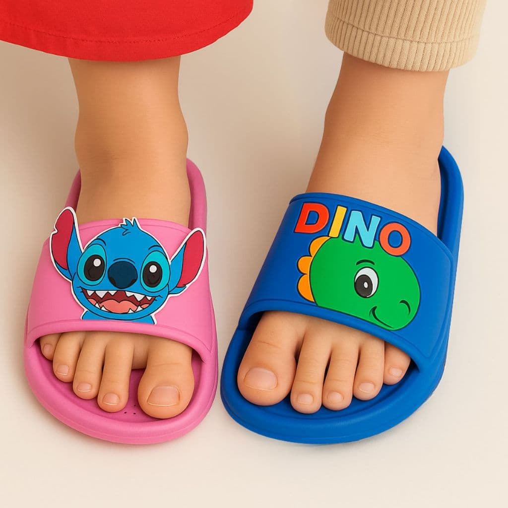 Chinelos infantis antiderrapantes com personagens Stitch e Dino, rosa e azul