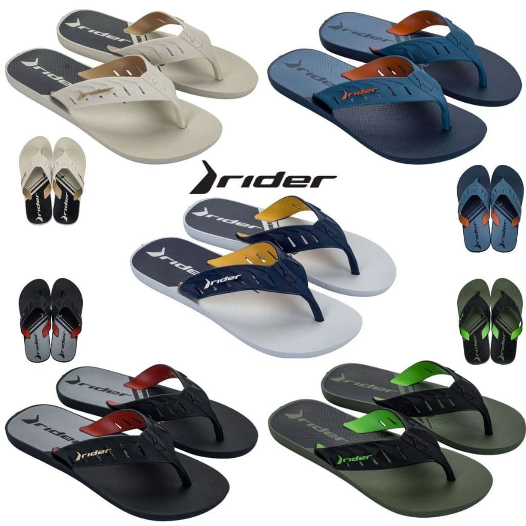 Chinelos masculinos Rider Street em diversas cores, estilo casual, com logo da marca.