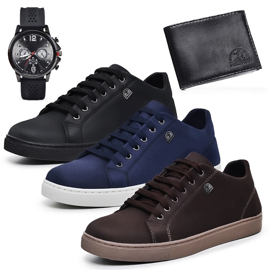 Kit 3 Pares Tênis Polo Fran Sapato Masculino Sapatênis Confortavel Relógio + Carteira