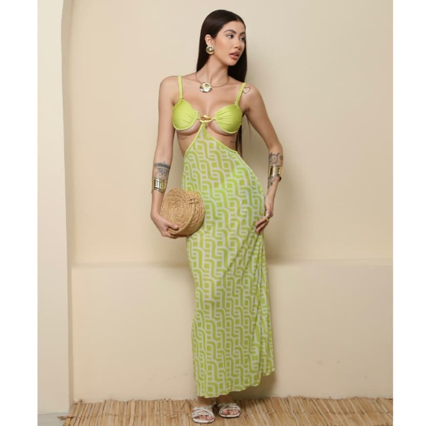 KIT 3 Peças Conjunto Biquíni Com Saída de Praia Longa a- Meia Taça - Look Completo Praia/Verão