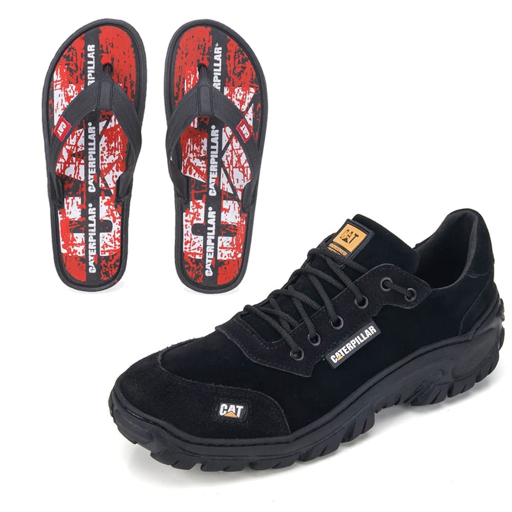 Sapatenis e chinelos Caterpillar kit, preto com estampa vermelha e amarelo.