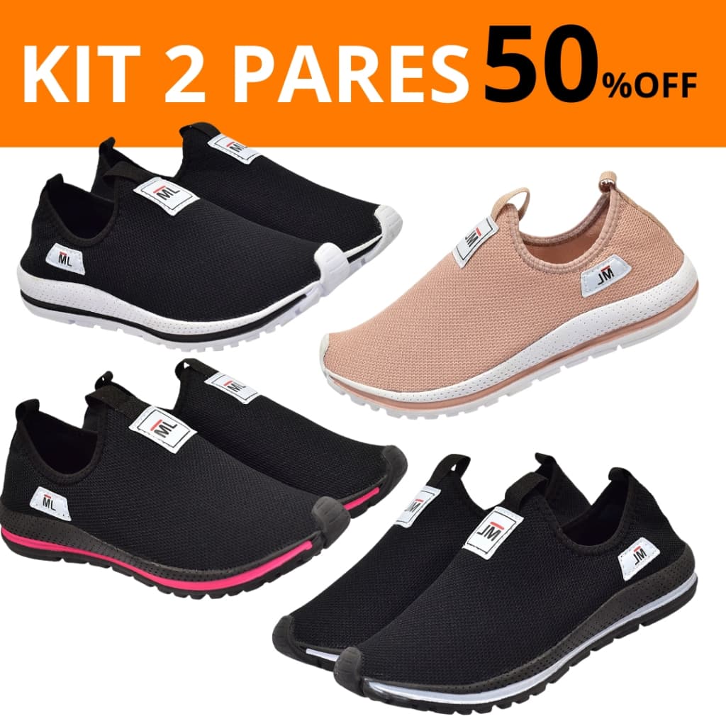 Kit 2 pares de tênis feminino esportivo, preto e rosa, com desconto de 50%, slip-on, sola branca, etiqueta 'JM'.