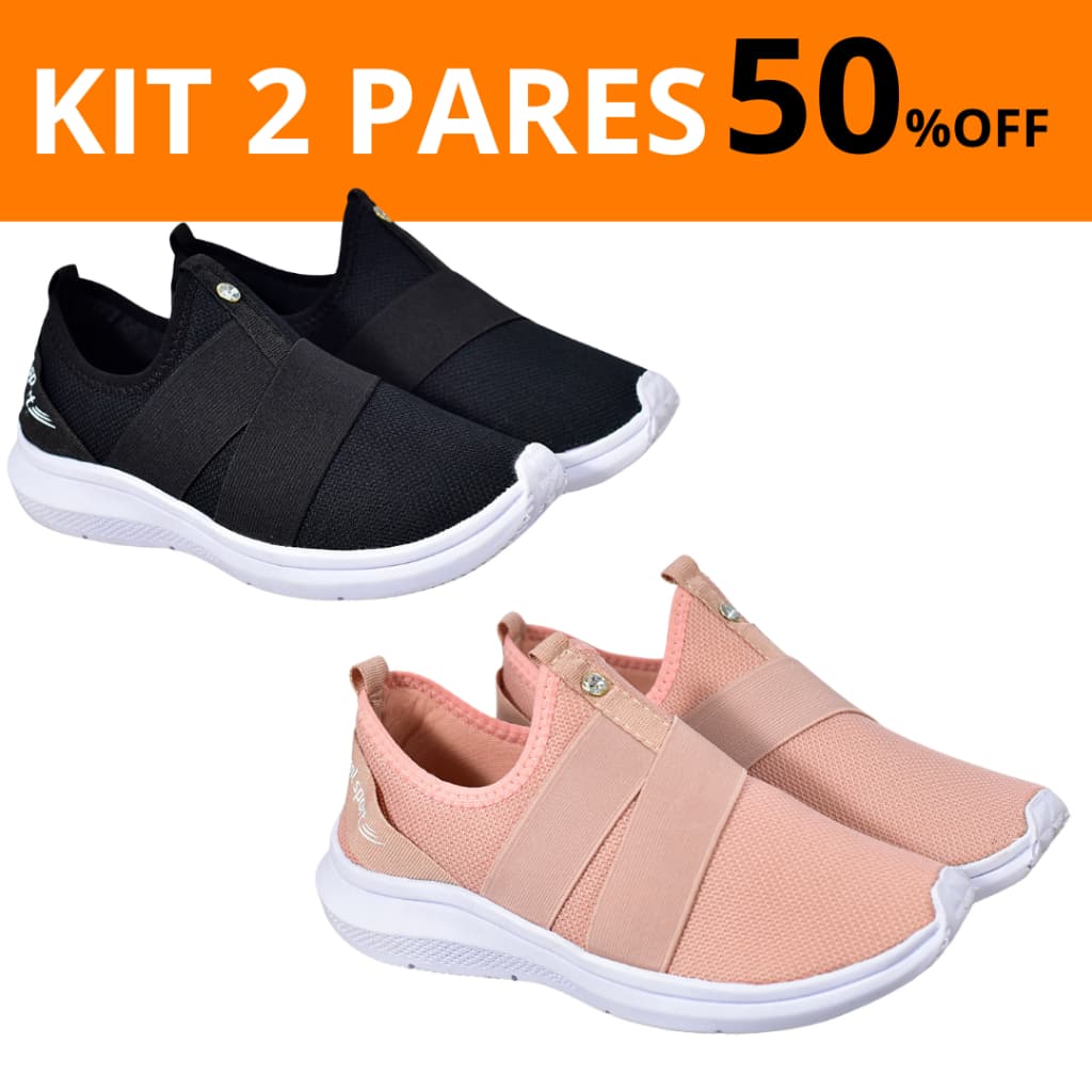 Kit 2 pares de tênis meia feminino preto e rosa com 50% de desconto