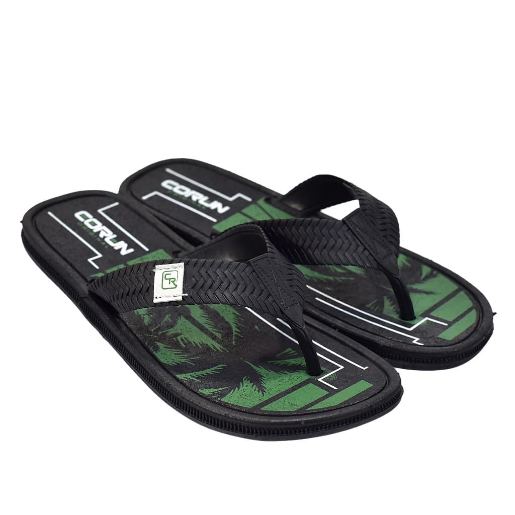 Sandália masculina preta e verde com estampa de palmeiras CORUN