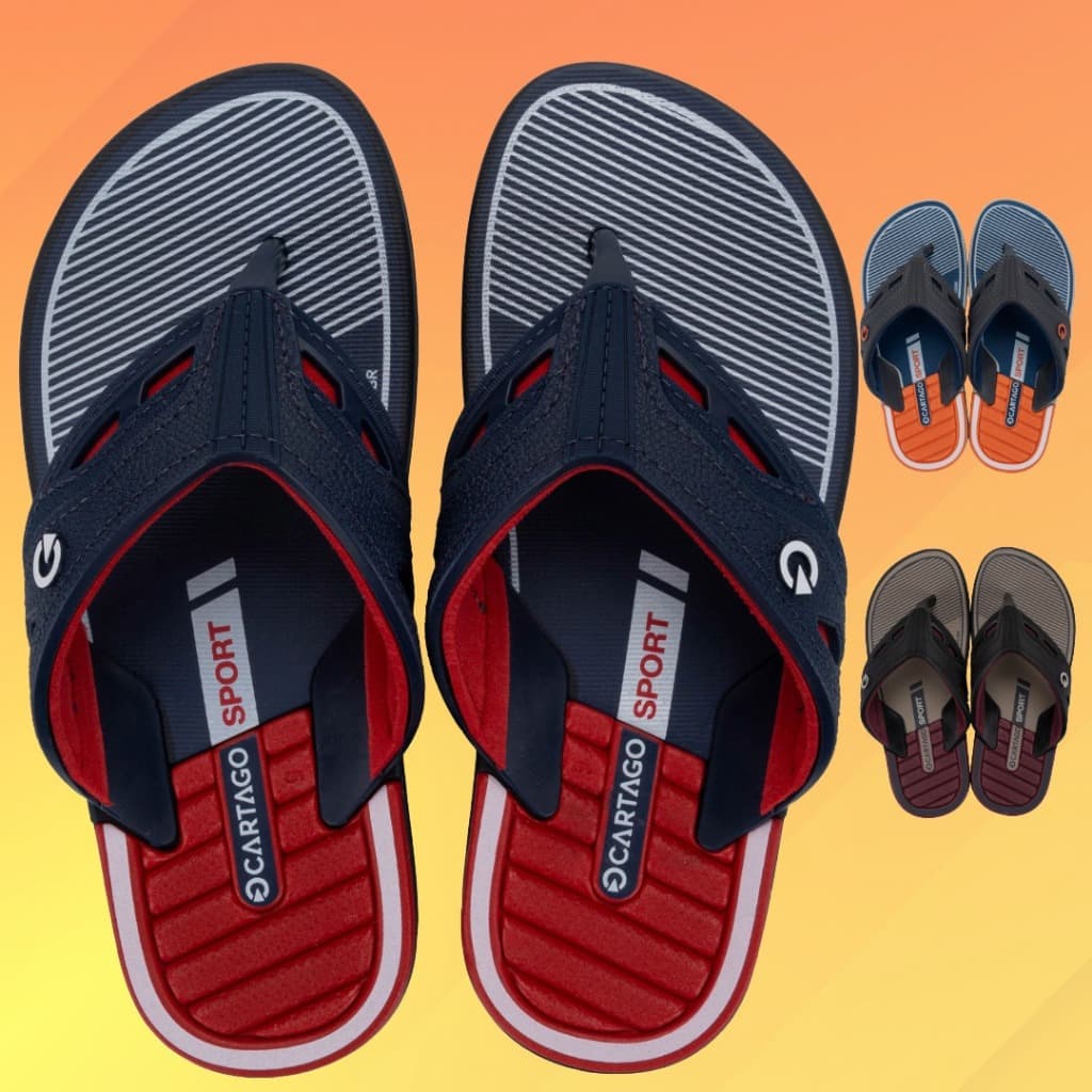 Chinelo Cartago Sport para meninos, azul marinho com detalhes vermelhos e brancos, sola emborrachada.