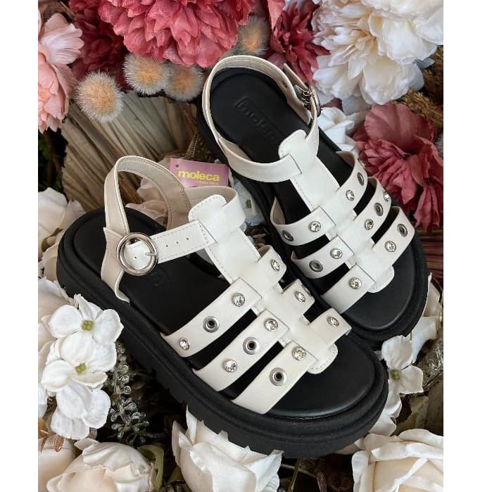 Original Feminino Sandalia Moleca 5504.115 Sandalia Papete Flatform Casual Tiras Com Strass
