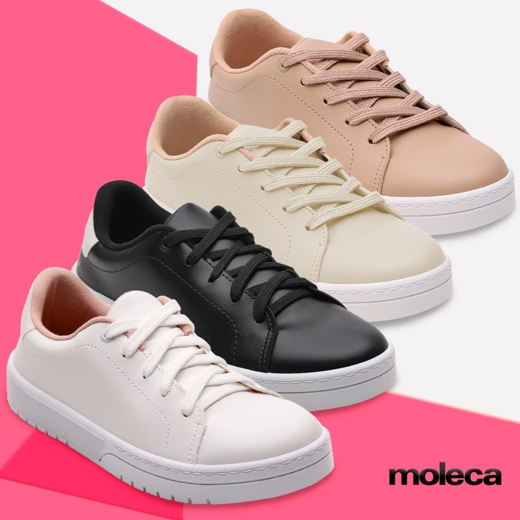 Tênis Moleca feminino branco, bege e preto com palmilha macia