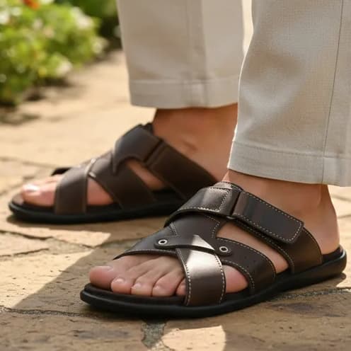 Chinelos masculinos de couro legítimo com tiras e palmilha macia, cor marrom, em pés de um homem