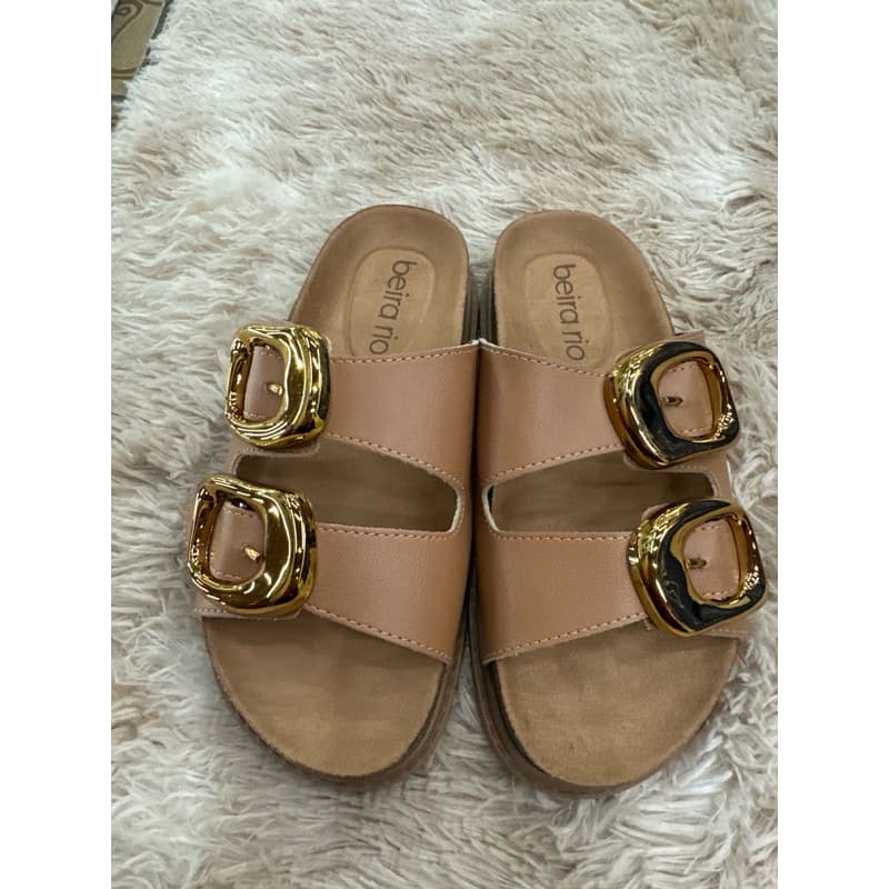 Sandália Feminina Beira Rio Camel com Fivela Dourada Sandália