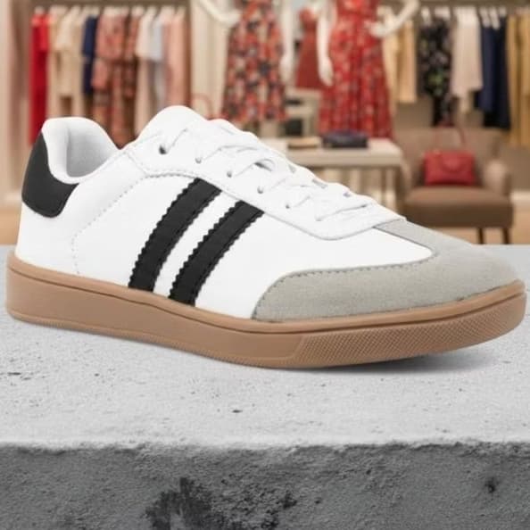 Tênis Adidas branco com detalhes em preto e cinza, sola marrom, para academia e casual.