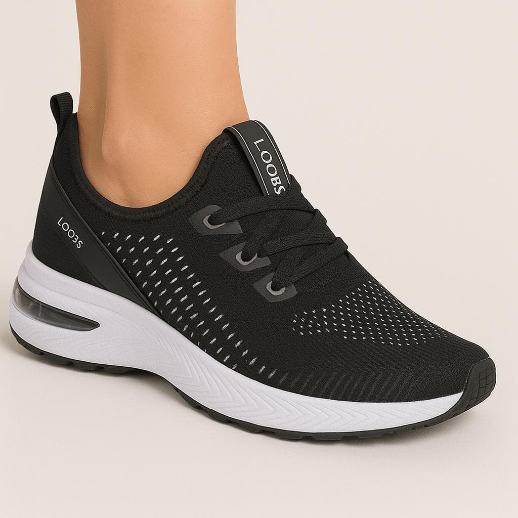 Tênis feminino preto e branco Loobs com design respirável e sola branca