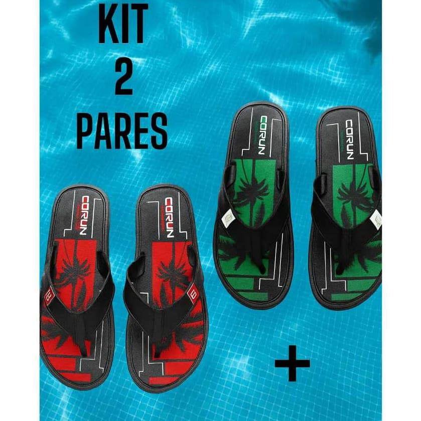 Kit de 2 pares de chinelos masculinos em cores vermelho, verde e preto com estampa de palmeiras