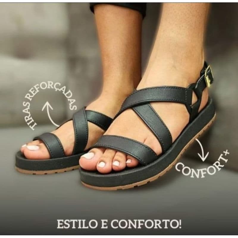 Sandália Feminina Tratorada Plataforma Flatform Preta Conforto Moda Blogueira Chunky Tiras Cruzadas Sandália Casual