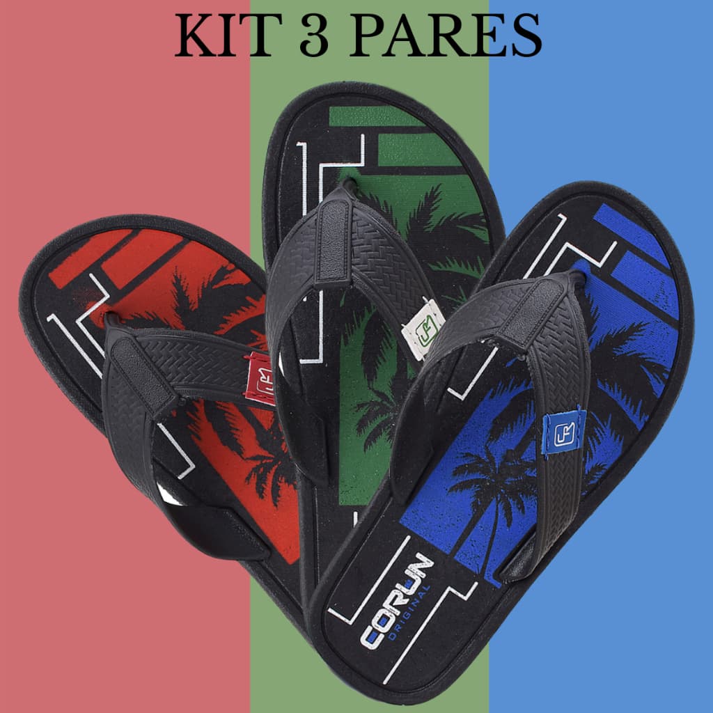 Kit 3 pares de chinelos masculinos com designs de palmilha vermelho, verde e azul