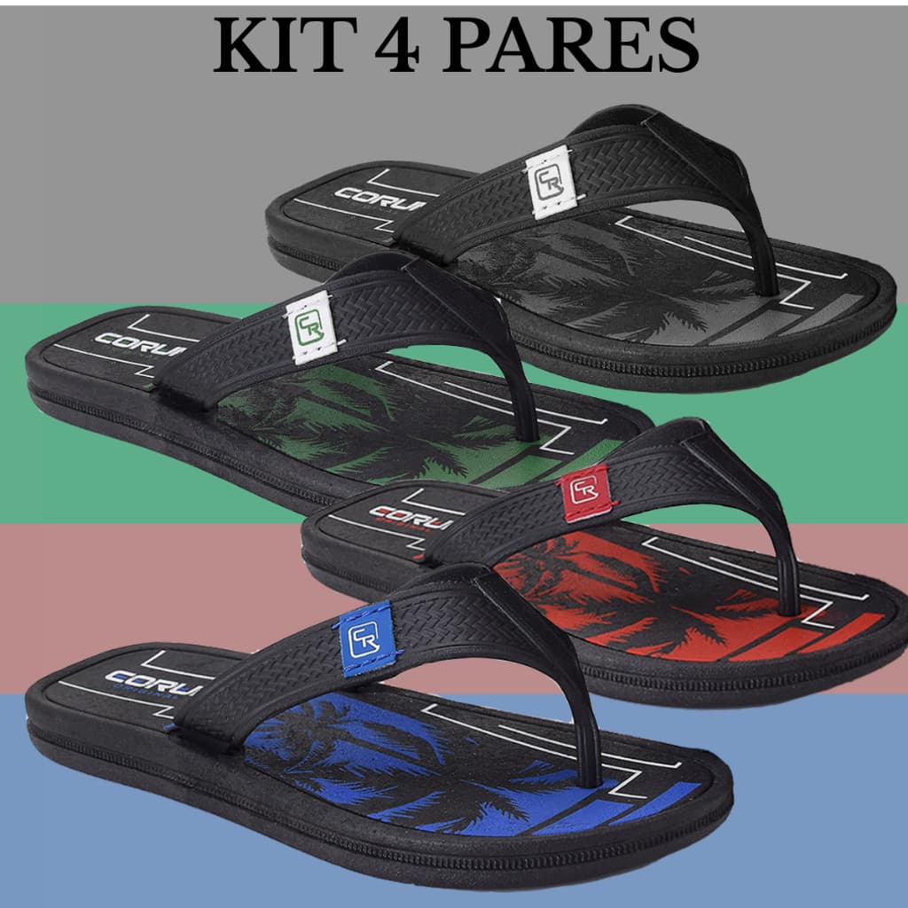 Kit 4 pares de chinelos masculinos com estampa de palmeiras, cores variadas e marca 'CORU'.