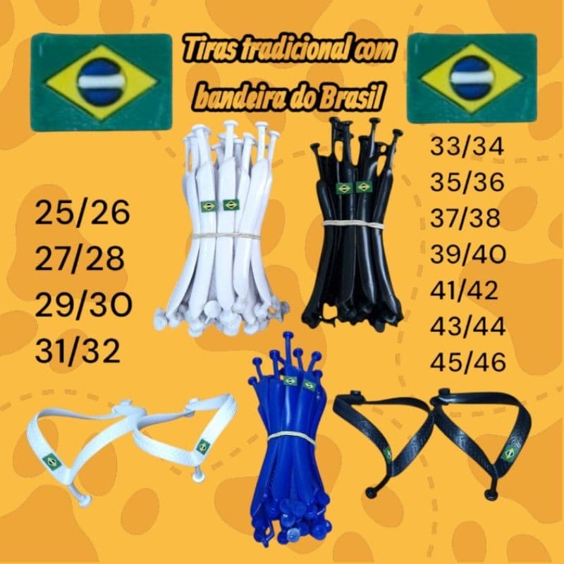 10 pares de tiras para chinelos com bandeira do Brasil, branco, preto e azul