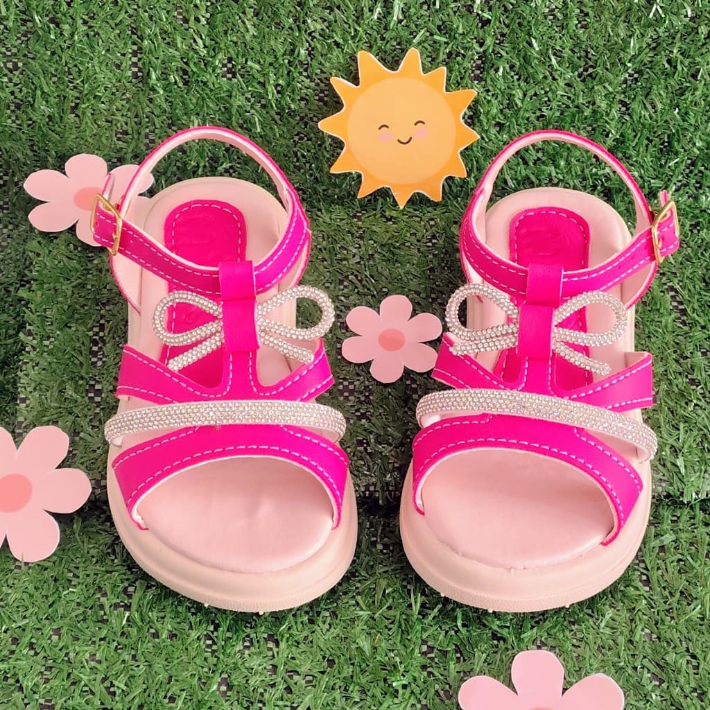 Sandália infantil meninas rosa com laço de brilho - sandália para festa - sandália de festa infantil
