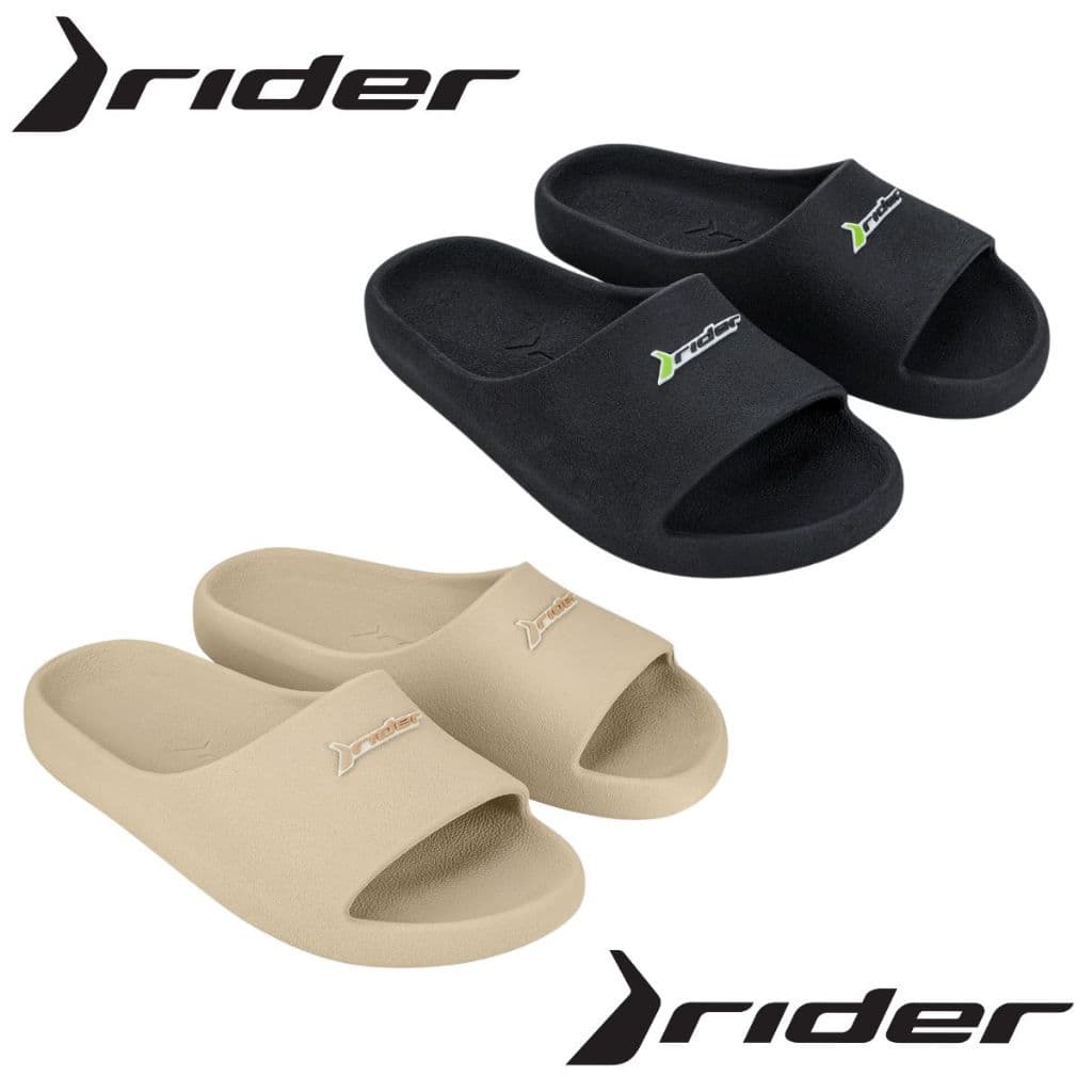 Dois pares de chinelos masculinos Rider Drip Slide, um preto e um bege, com logo verde.