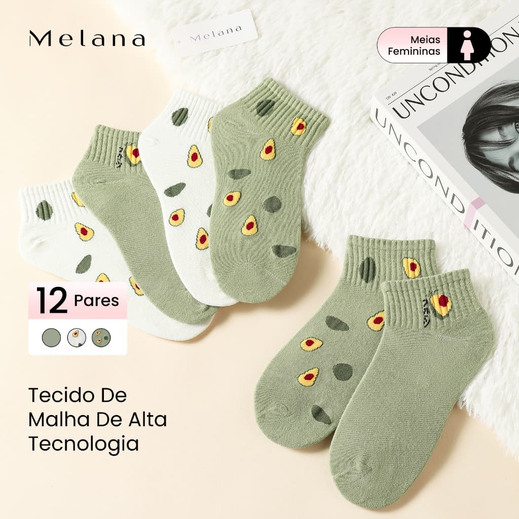 Melana Kit12 Pares Meias Soquete Cano Curto Unissex Tamanho Único Meias Soquete curta Algodão Soquete Invisivel Varias