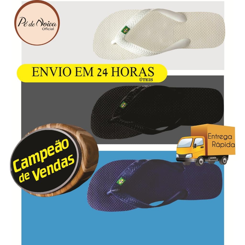 Chinelos unissex com bandeira do Brasil em cores branca, preta e azul marinho, com texto de envio rápido e destaque de vendas.