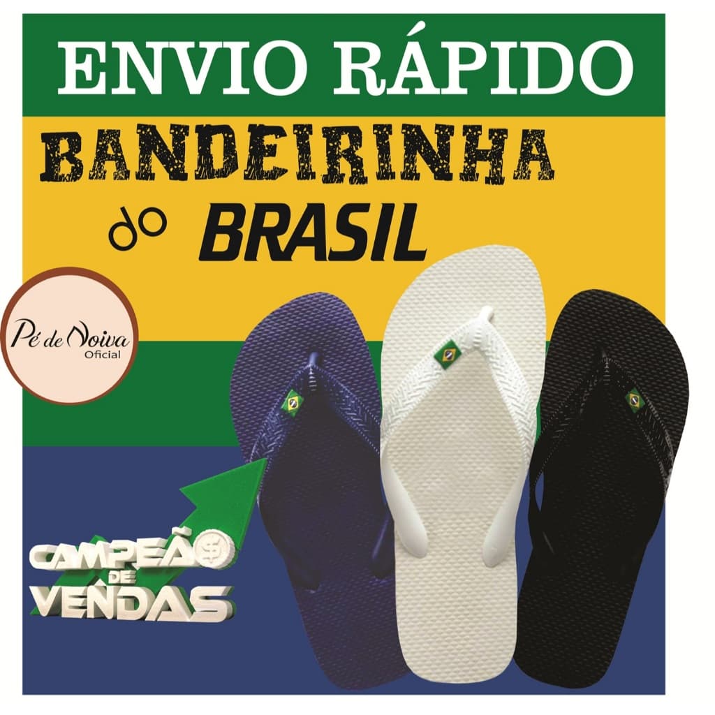 Chinelos Bandeirinha do Brasil com cores da bandeira do Brasil, azul marinho, branco e preto com detalhes verdes
