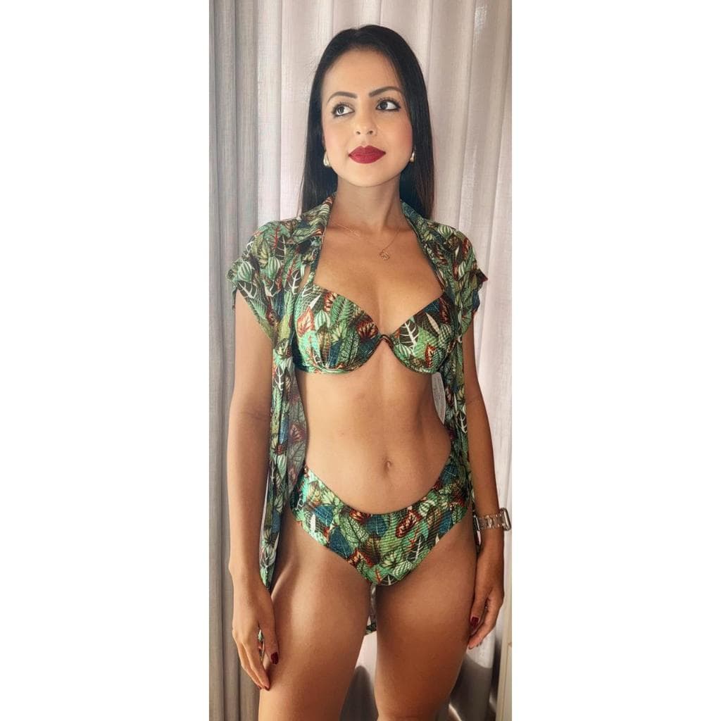 Missfit Kit Biquíni + saída de praia estampado de verde, modelo meia taça, moda praia