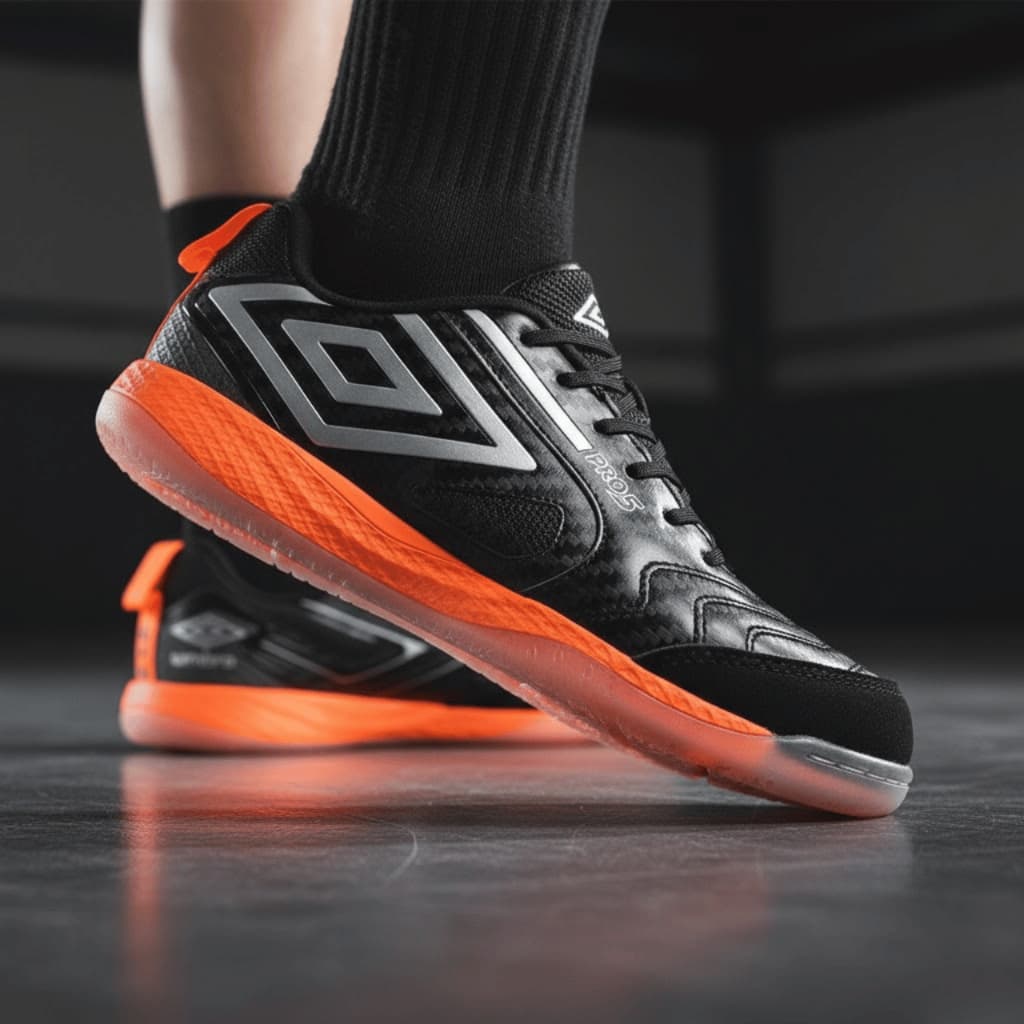 Tênis de futsal Umbro Pro 5 Bump Couro preto e laranja