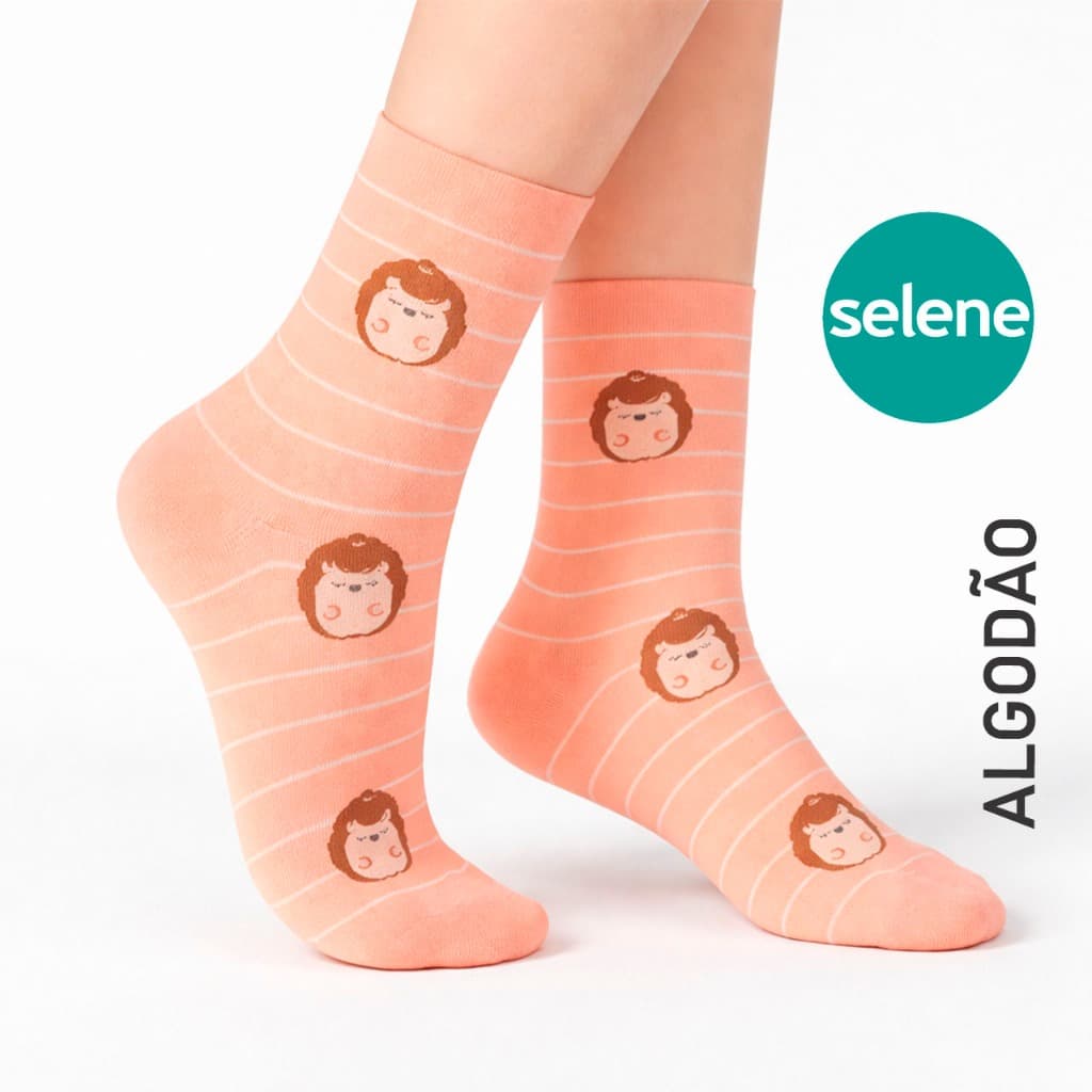 Meia Feminina Cano Longo ALGODÃO Selene Estampada 34-39 Conforto Meia Divertida Colorida Bichinhos Colorida