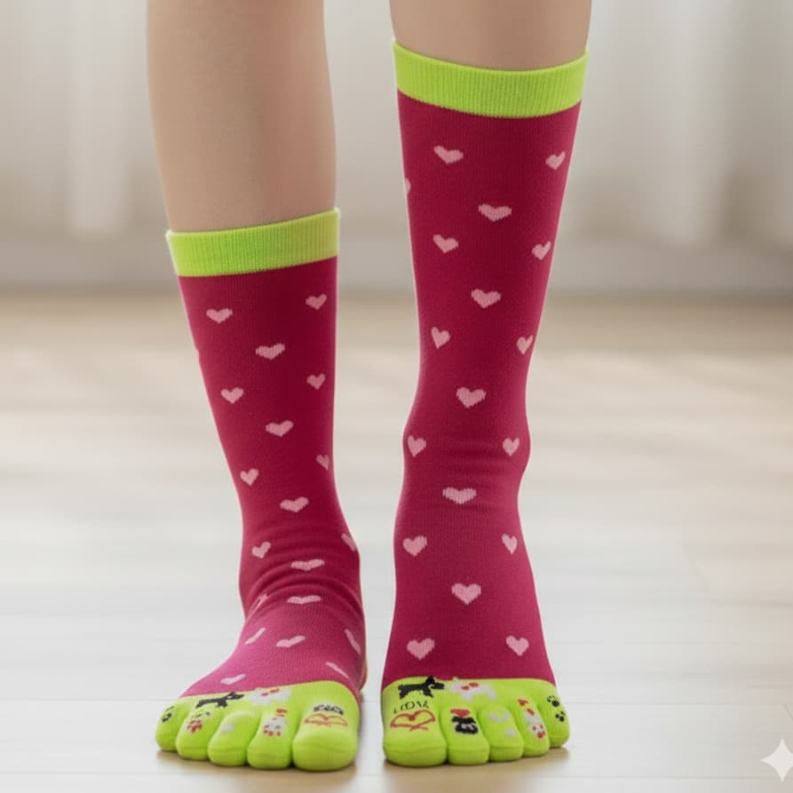 Meias vermelhas com estampa de corações para dedos separados, fundo neutro