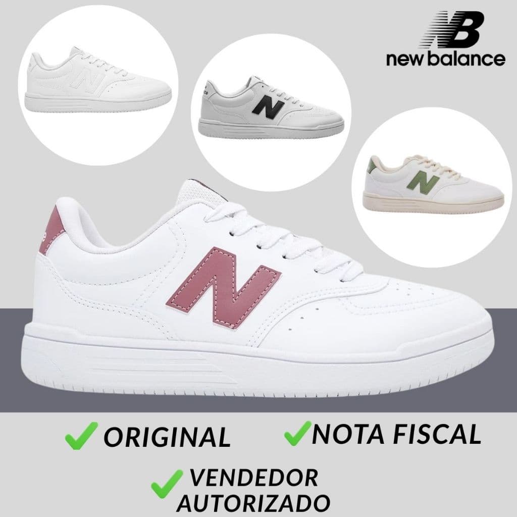 Tênis New Balance BB80 feminino branco com detalhes rosa, design retrô, couro, sola branca, logotipo rosa, fundo cinza escuro, texto verde