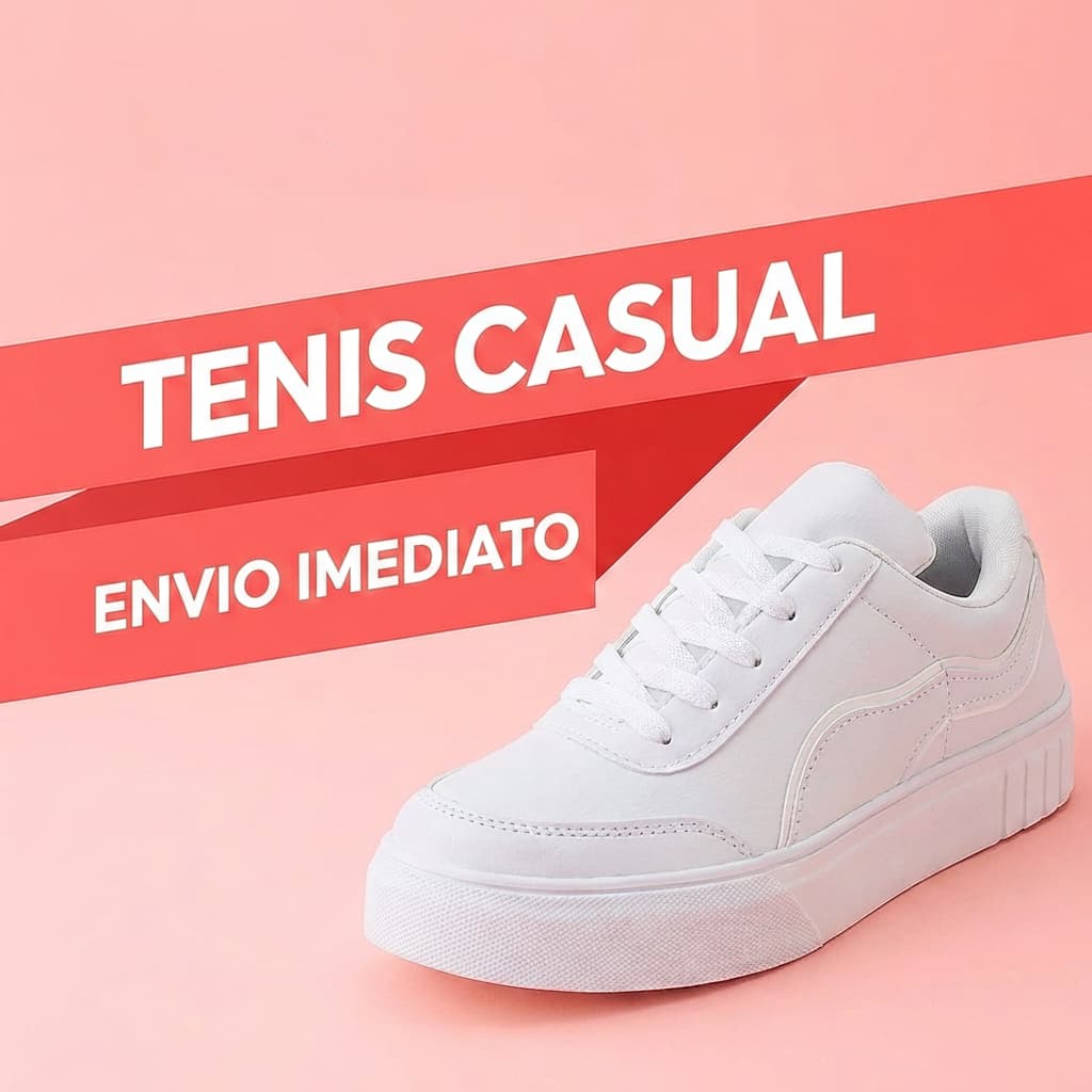 Tênis casual feminino branco com solado grosso em fundo rosa com texto de envio imediato