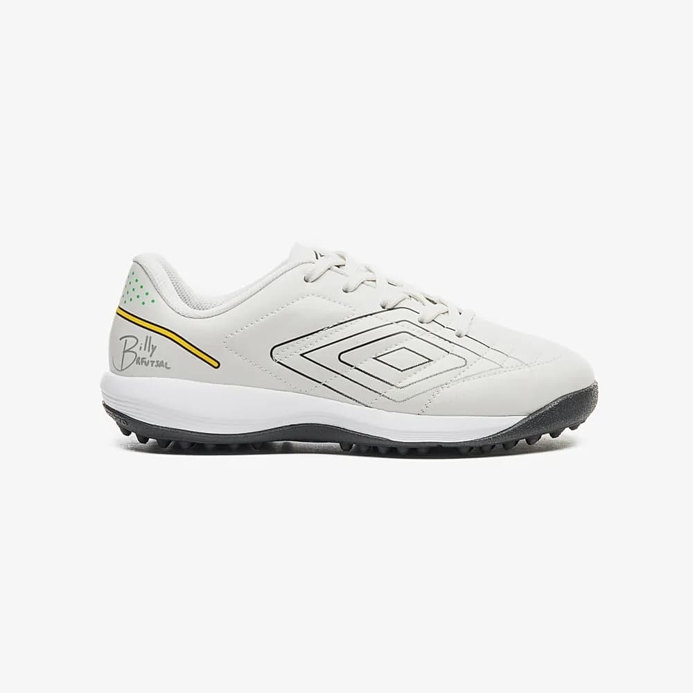 Chuteira infantil Umbro Society branca com detalhes em amarelo e preto