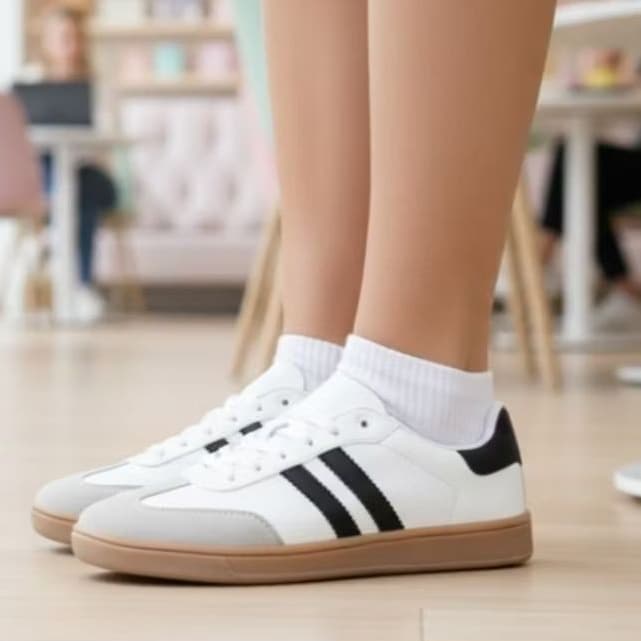 Tênis Adidas branco e preto com sola marrom, ideal para academia e uso casual.