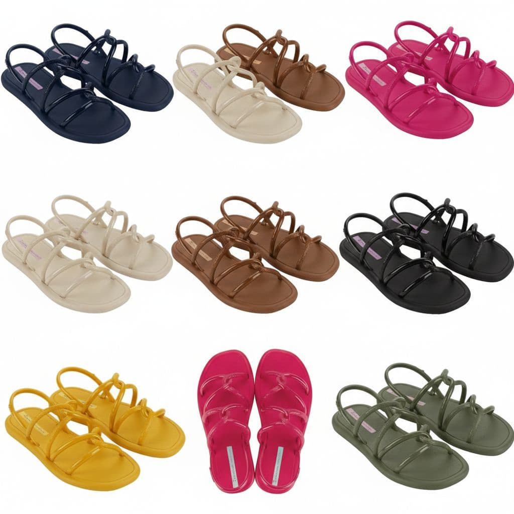 Sandálias de couro sintético com tiras cruzadas em várias cores - preto, marrom, bege, rosa, verde e amarelo