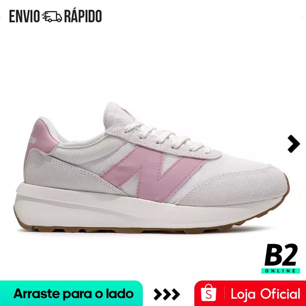 Tênis New Balance 370v1 feminino branco e rosa com logo N, vista frontal