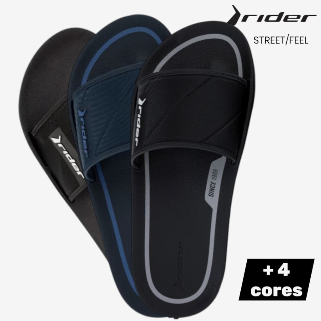 Chinelos Masculinos Rider Slide Street Original Pretos com Detalhes Azuis