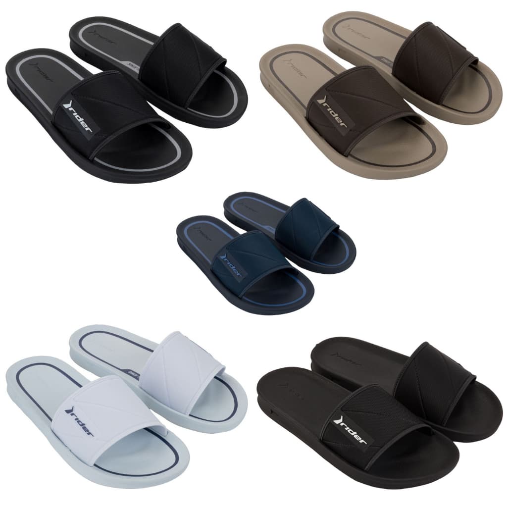 Chinelos masculinos Rider street slide super confortáveis originais em preto, azul escuro, cinza, branco e azul claro com logotipo Rider