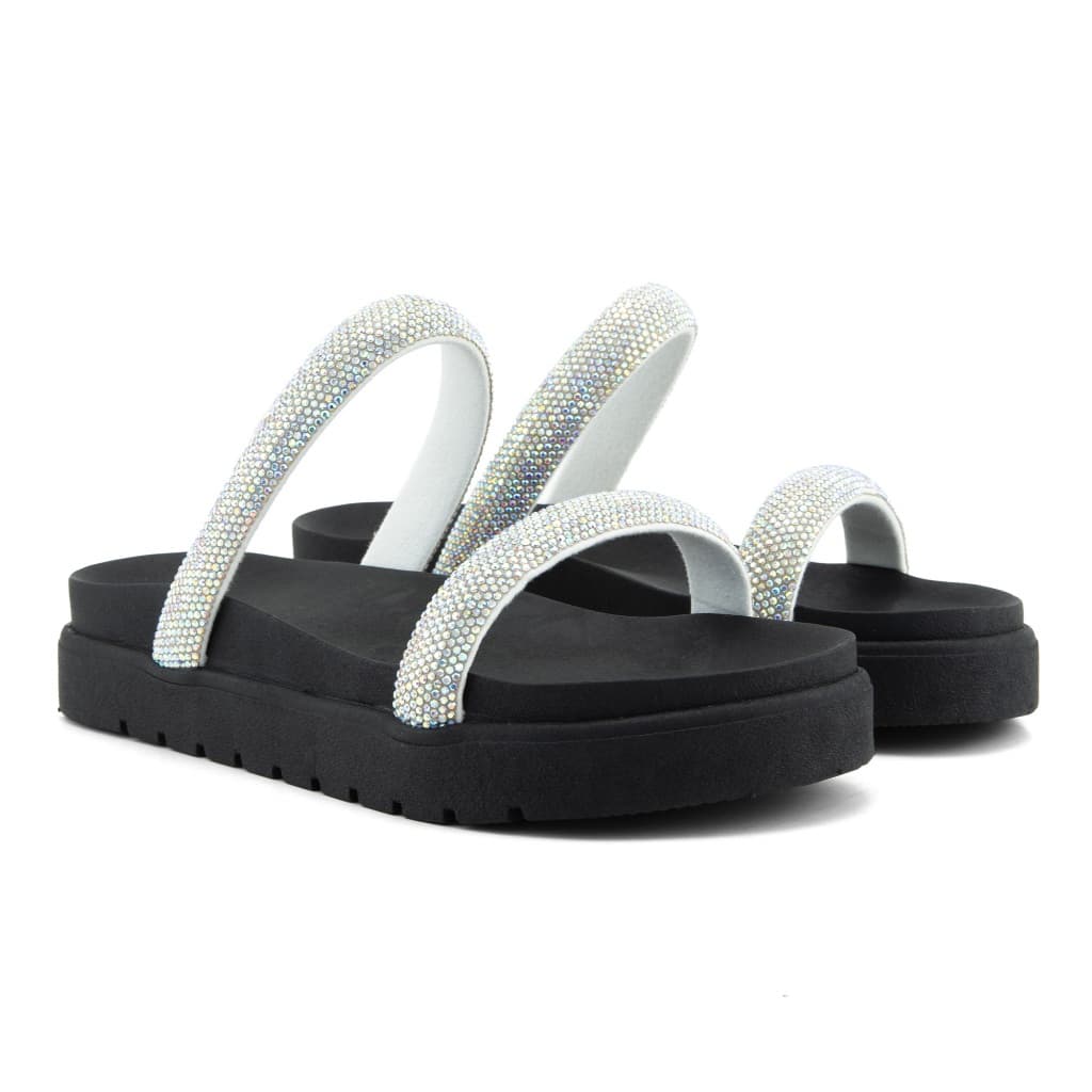 Sandálias de plataforma pretas com tiras prateadas brilhantes, strass, base de borracha, para mulheres.