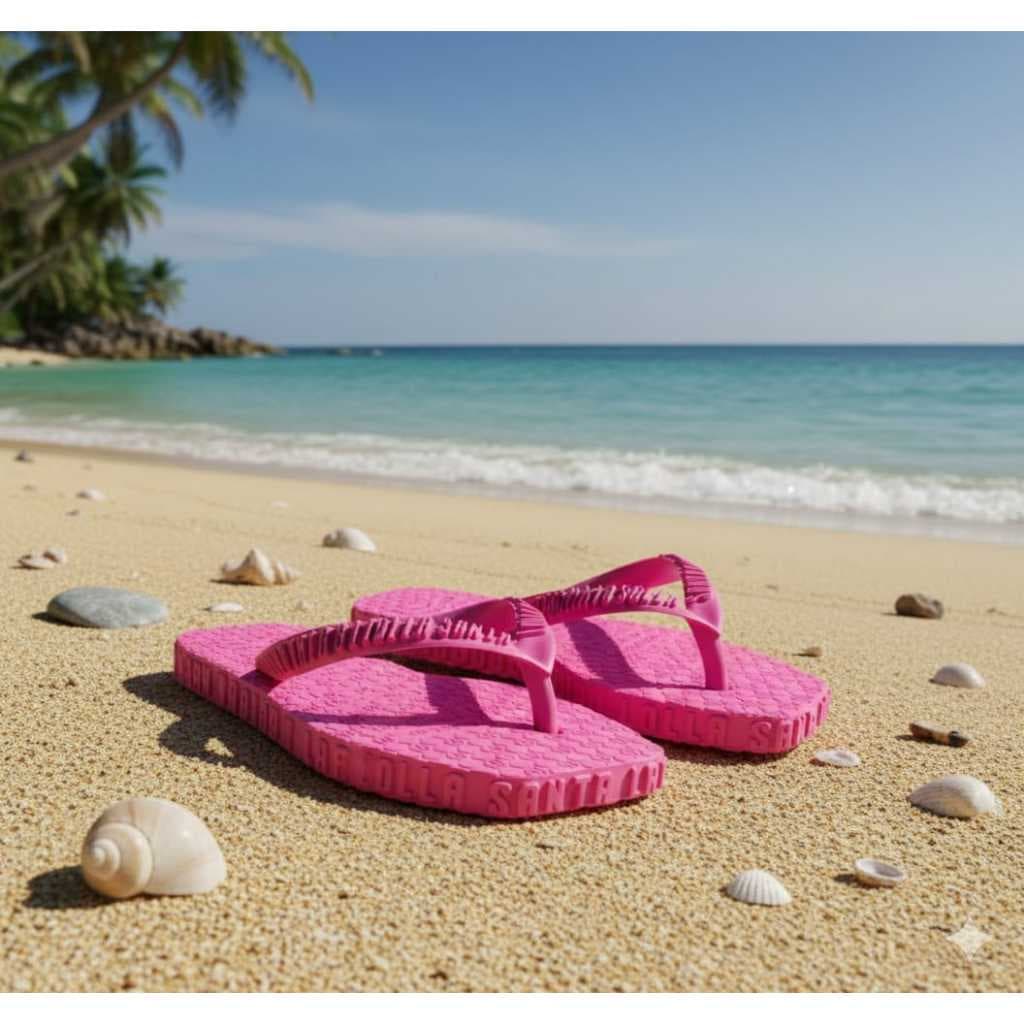 Sandálias infantis rosa antiderrapantes na praia