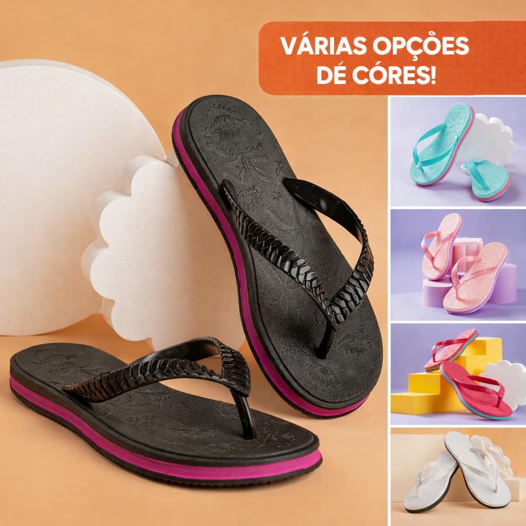 Chinelo feminino ortopédico preto com detalhes rosa, sola com arco em relevo
