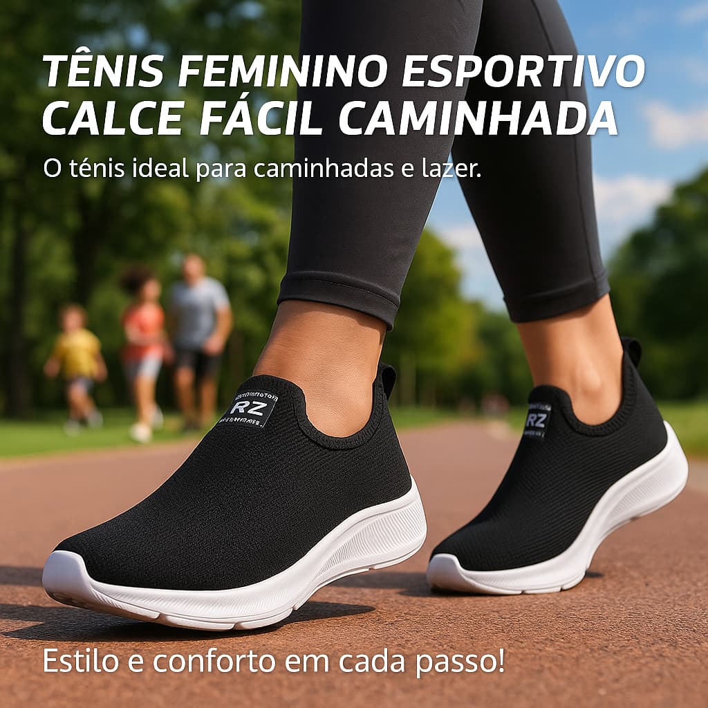 Tênis esportivo feminino preto com sola branca para caminhada, ideal para caminhadas diárias