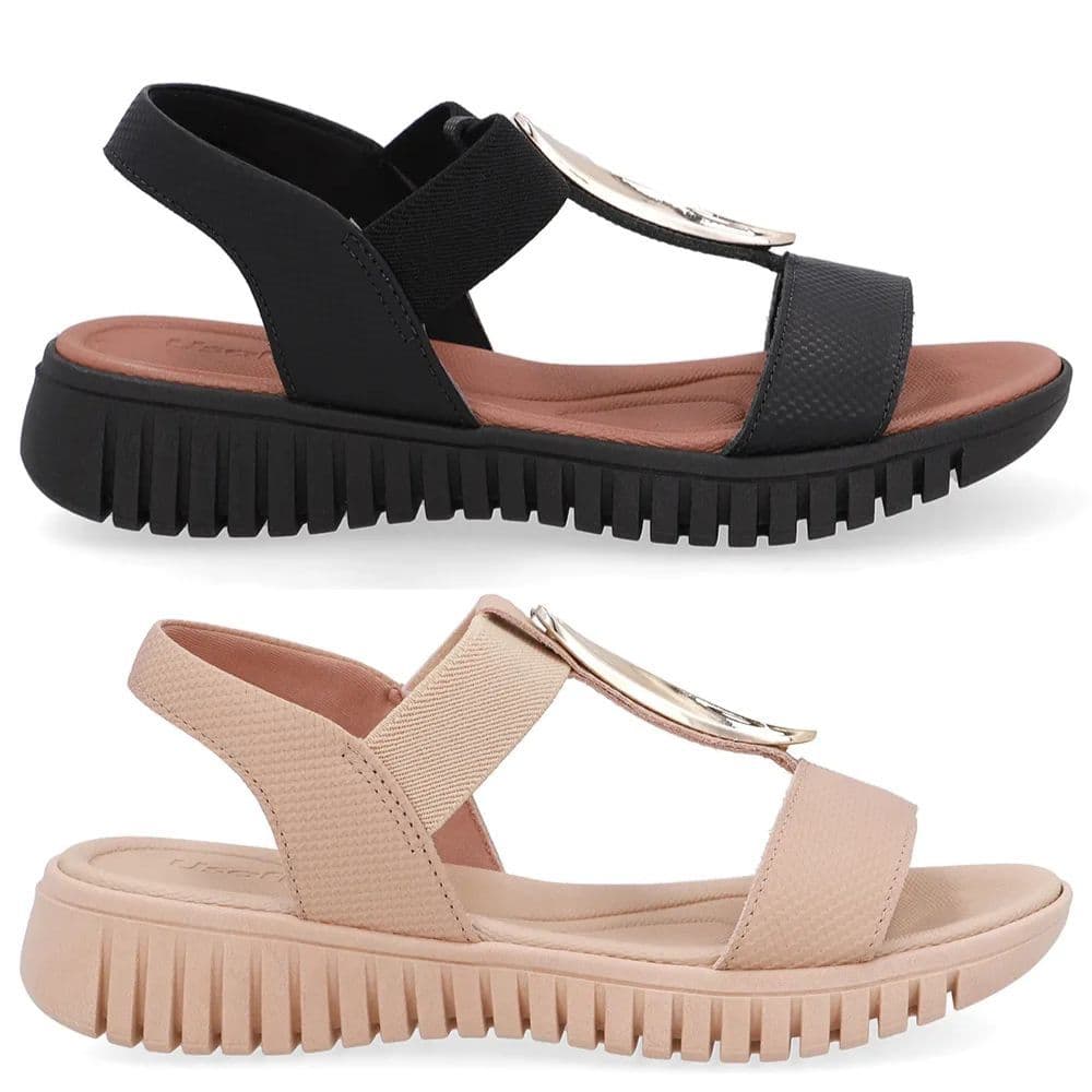 Sandália Feminina Usaflex Original Calce Fácil Em Couro Detalhe Em Dourado UD1102