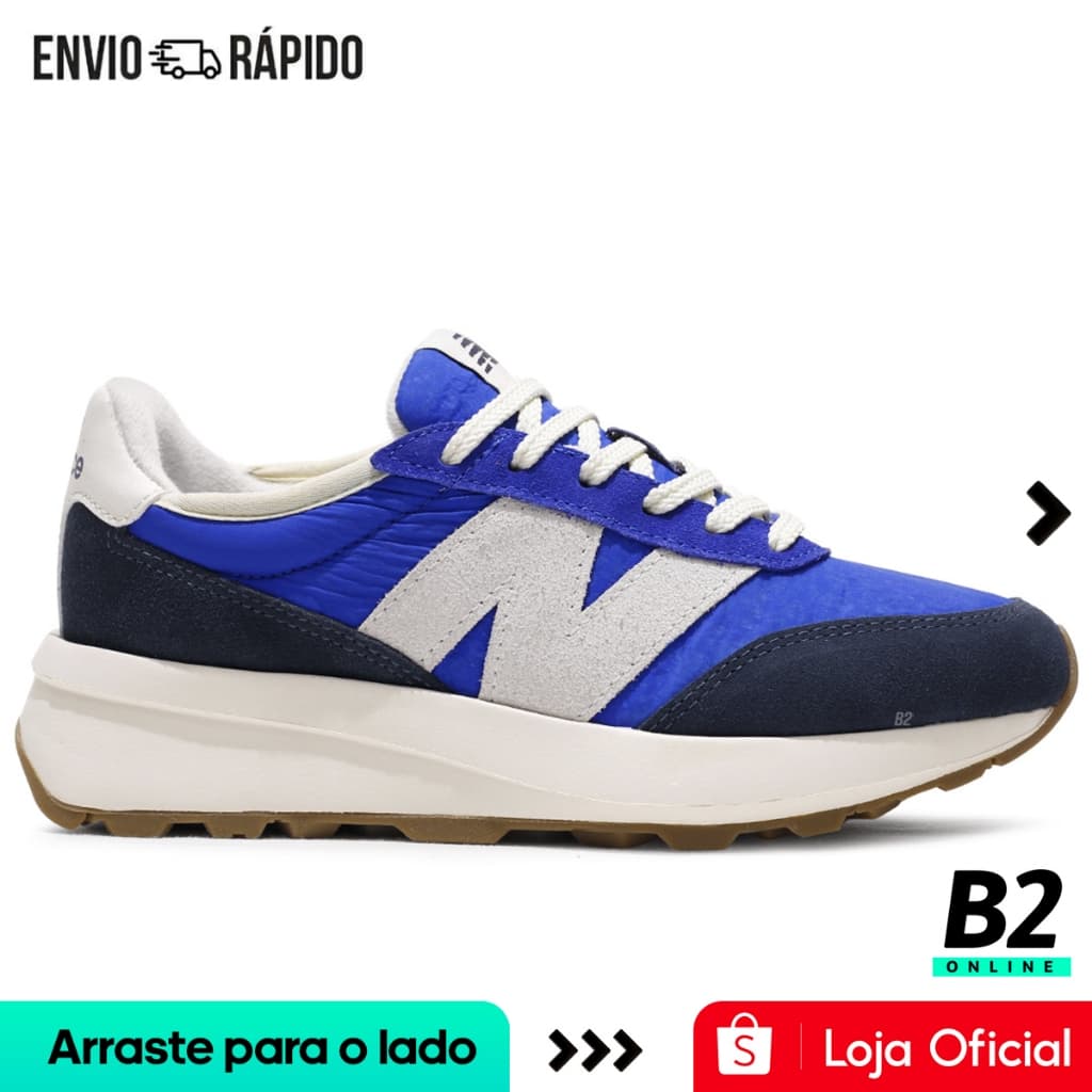 Tênis New Balance 370v1 azul e branco unissex com logo N