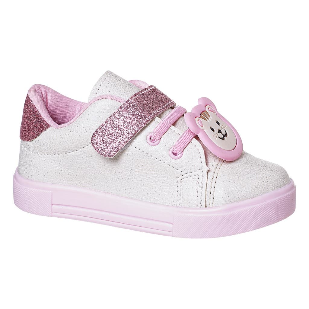 Tênis infantil menina branco com detalhes rosa e animal na lateral