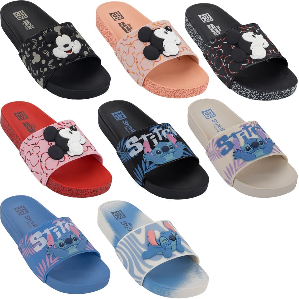 Chinelos Zaxy Disney com estampas Mickey e Stitch, slides com fundo branco.