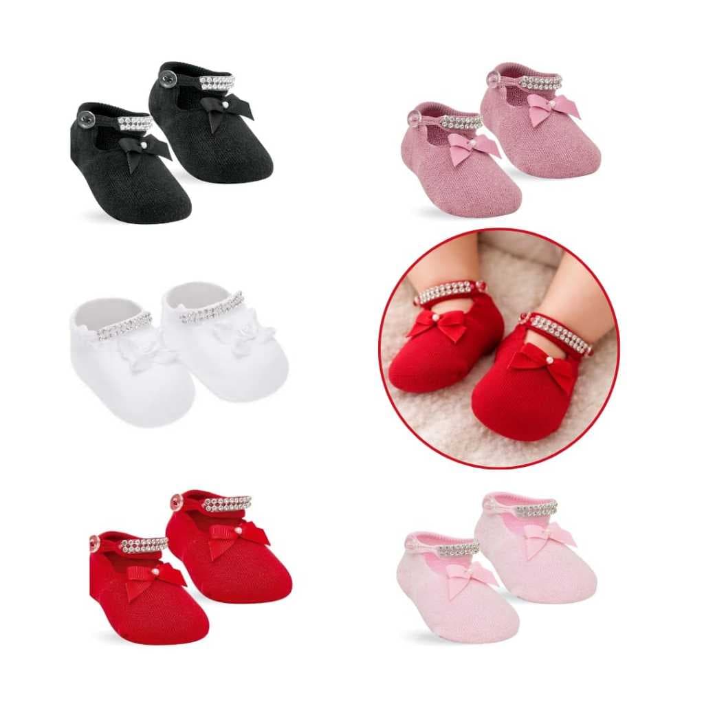 Meia Sapatilha Meia Sapatinho Bebe Recém Nascido Selene com Strass - RN - 0 a 5 meses