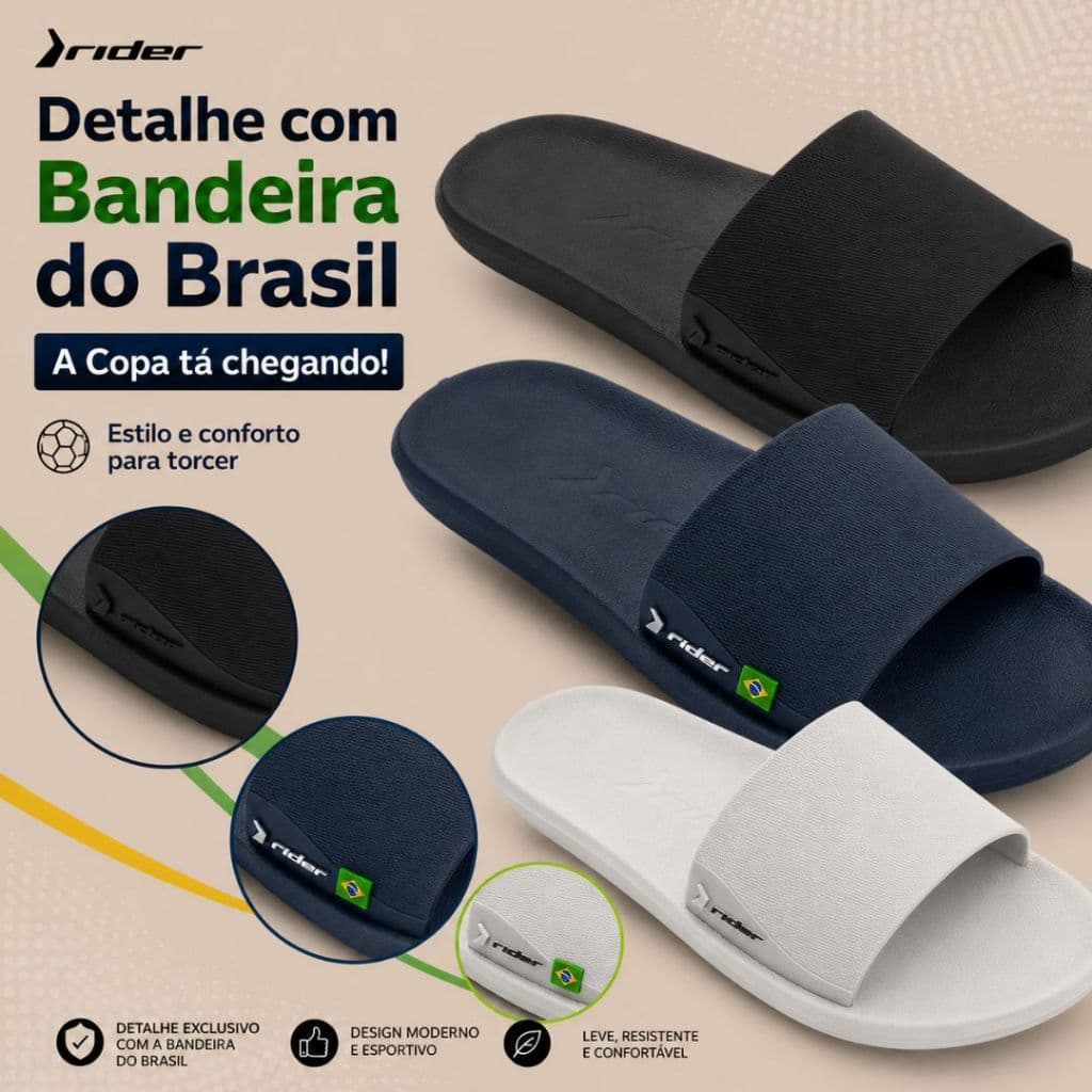 Chinelo Masculino Rider Feel Modelo Slide Ultra Confortável Sandália Anatômico Casual Adulto em preto, azul marinho e branco com bandeira do Brasil