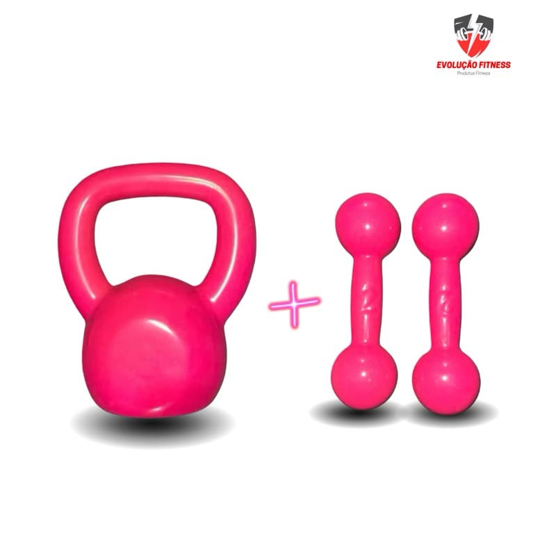 Kit Academia Rosa Completo Halter par 1 a 3kg + Kettlebell 4kg + Par Anilha 1kg Treino em Casa