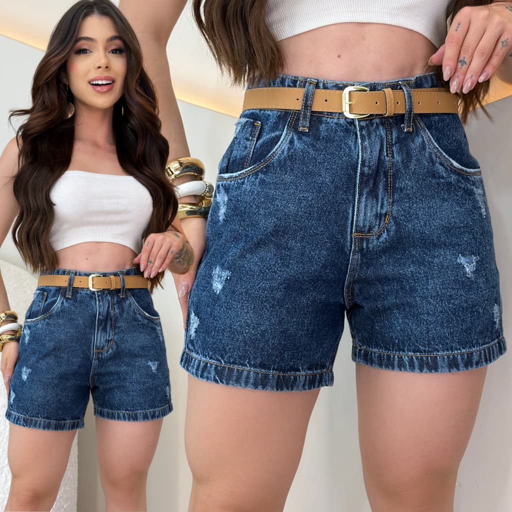 Short Jeans Feminino Com Cinto Cintura Alta Meia Coxa Bermuda Jeans Boyfriend Soltinho  Blogueira